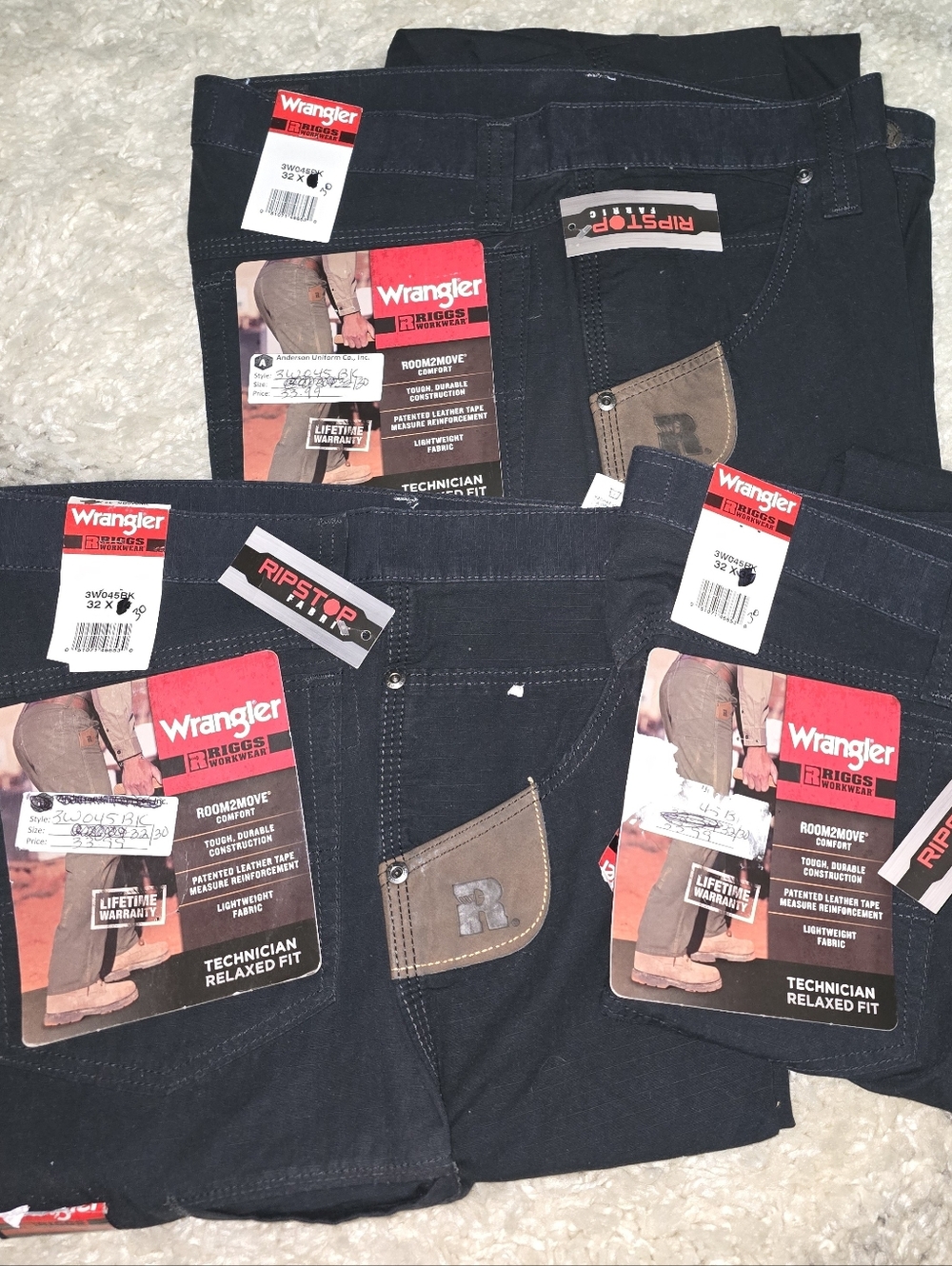 3pr Wrangler Black Ripstop Technician Work Pants